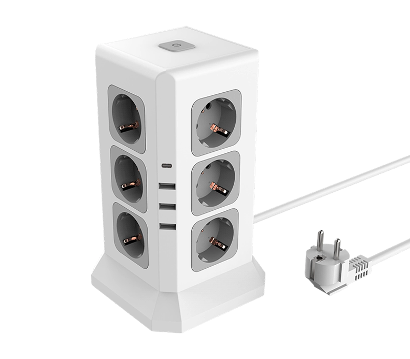Stráice Cumhachta Ilfheidhme E11 Wired le 12 Asraon de Stíl Eorpach, 3 Chalafort USB-A, agus 1 Chalafort USB-C, le Switch