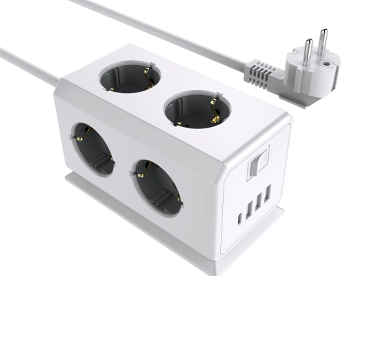 Stráice Cumhachta Ilfheidhme E08 Wired le 6 Asraon de Stíl Eorpach, 3 Chalafort USB-A, agus 1 Chalafort USB-C, le Switch