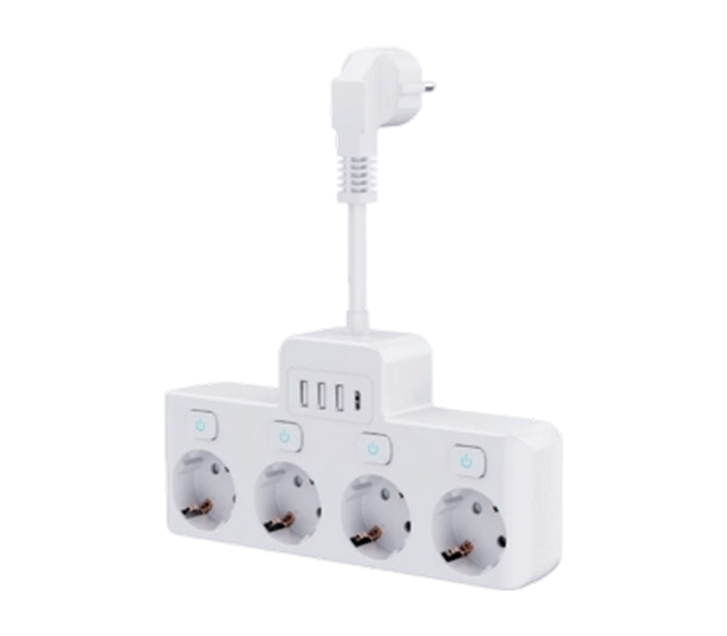 Stráice Cumhachta Wired E14-4 le 4 Asraon de Stíl Eorpach, 3 Chalafort USB-A, Agus 1 Chalafort USB-C, Le Lasc Neamhspleách