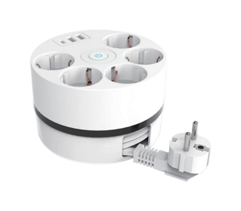 Stráice Cumhachta Ríl Cábla E18 le Corda Inghnóthaithe, 5 Asraon de Stíl Eorpach, 2 Chalafort USB-A, Agus 1 Chalafort USB-C, Lasc san áireamh