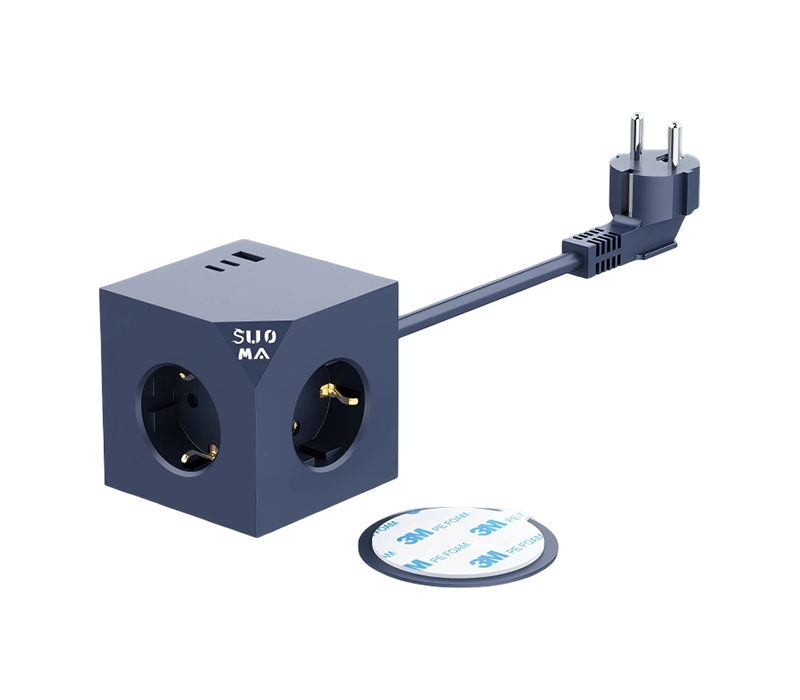 Stráice Cumhachta Ciúb Sreang E25 le 3 Asraon de Stíl Eorpach, 1 Chalafort USB-A, Agus 2 Chalafort USB-C, Le Greamáin Ghreamaitheacha 3m