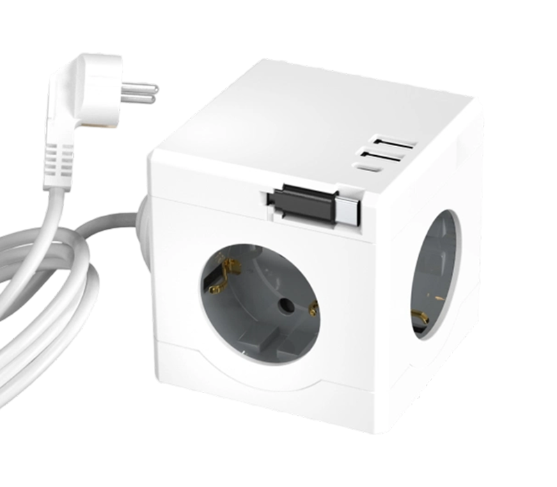 Stráice Cumhachta Ciúb Sreangaithe E16-D le 3 Asraon de Stíl Eorpach, 2 Chalafort USB-A, agus 1 Chalafort USB-C, ina bhfuil Cábla Muirir Inghnóthaithe