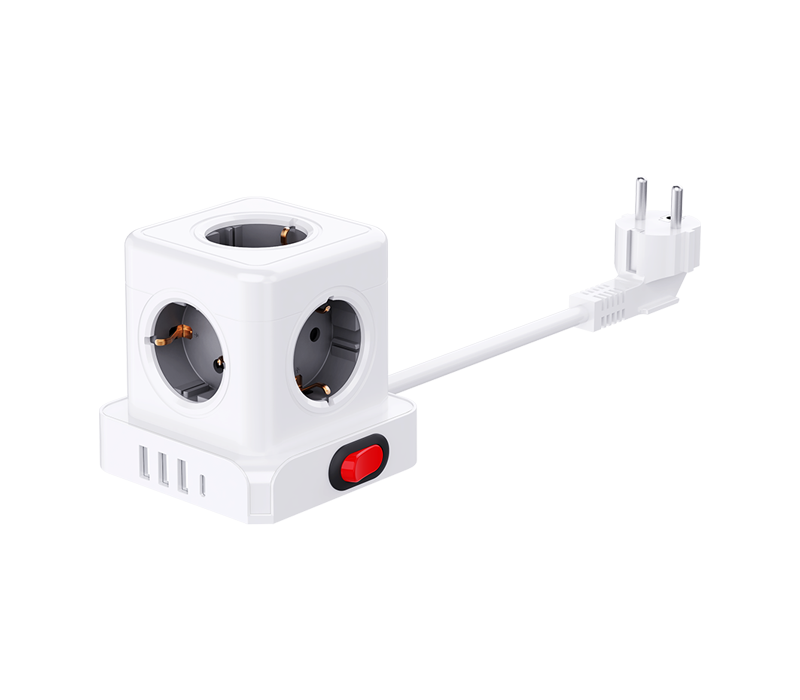 Stráice Cumhachta Ciúb Sreangaithe E23 Le 5 Asraon de Stíl Eorpach, 3 Chalafort USB-A, Agus 1 Chalafort USB-C, Le Lasc